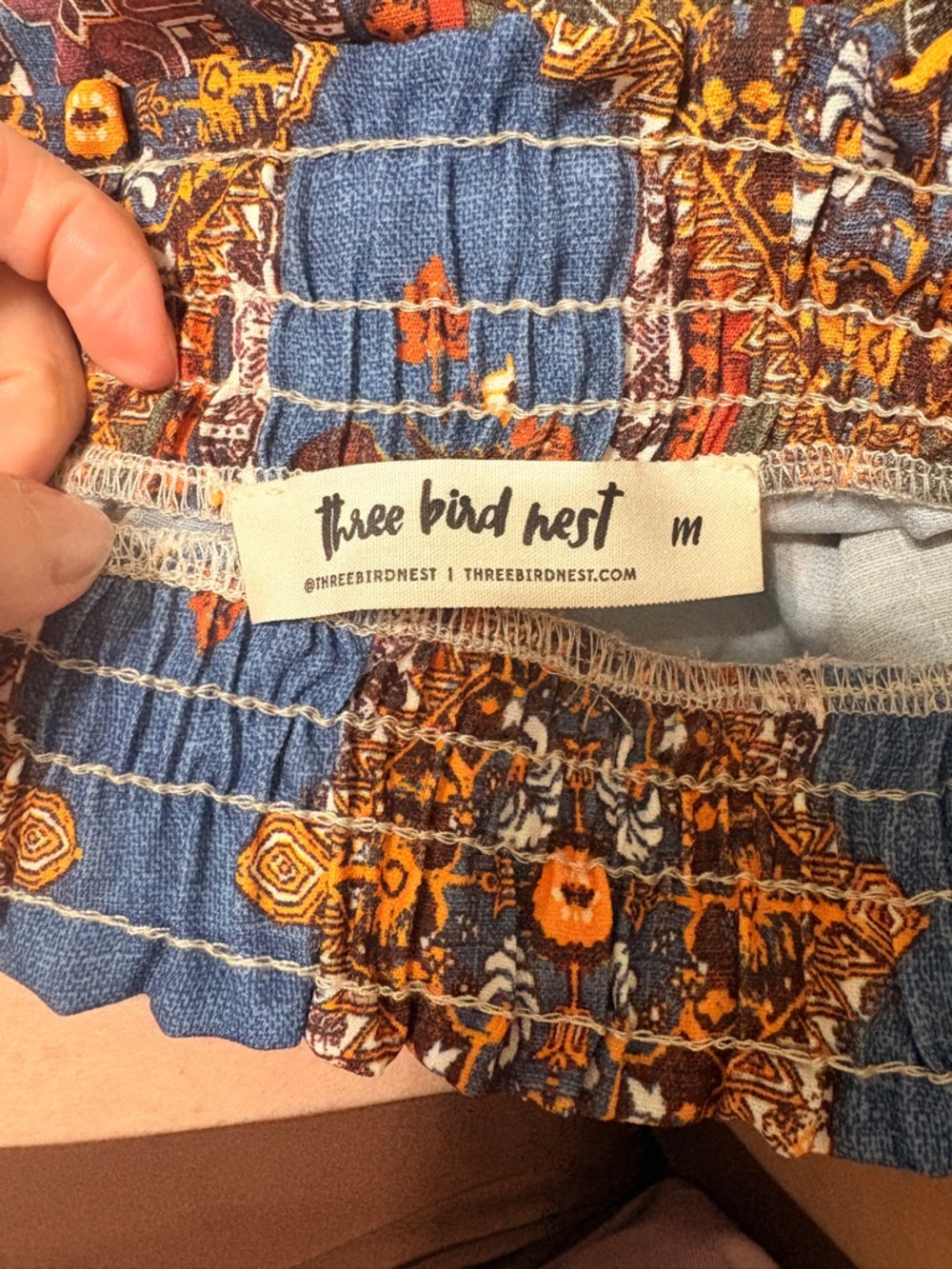 Three Bird Nest Blue Smocked Waist Maxi Skirt with Rust & Brown Print - Picture 2 of 6